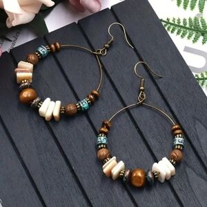 Beaded Shell & Wood Hoop Dangle Earrings